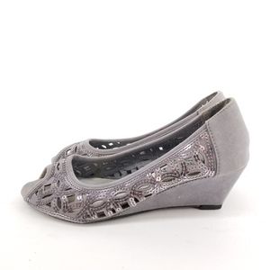 Tod's Gray Suede Cutout Sequin Peep-Toe Wedges